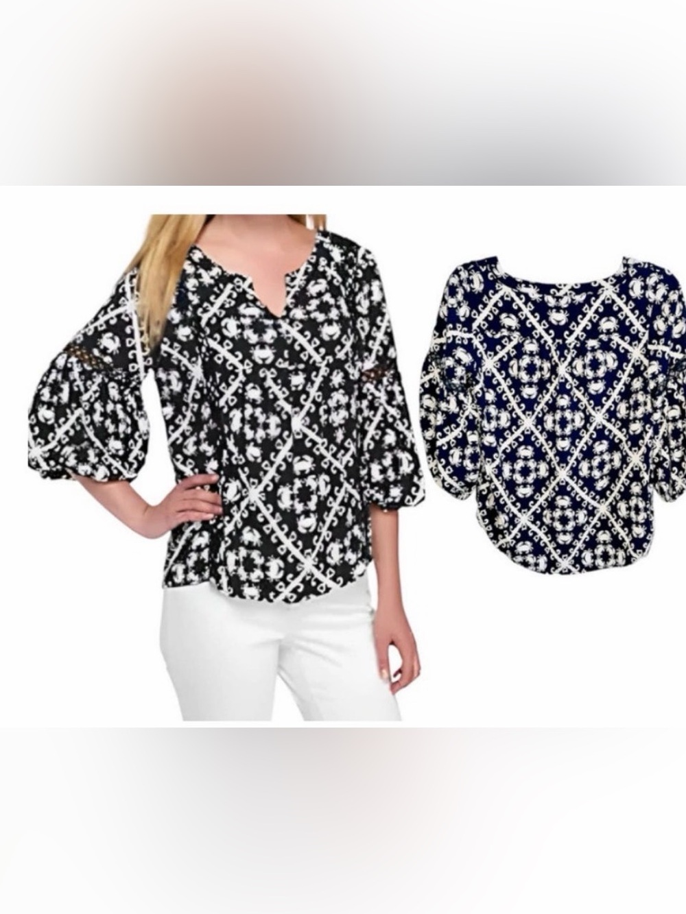Crown&Ivy Crochet Trim BELL 3/4 Slv ShirttailHem LOBSTER Navy/White Nautical EUC